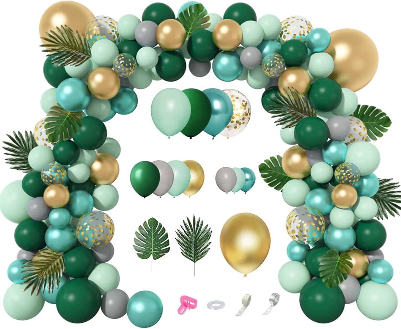 151Pcs Jungle Safari Balloon Garland Kit, Metallic Green Gold Tropical Balloons Arch Artificial Palm Leaves for Animal Dinosaur Two Wild One Birthday Baby Shower Decoration Boys Party Supplies